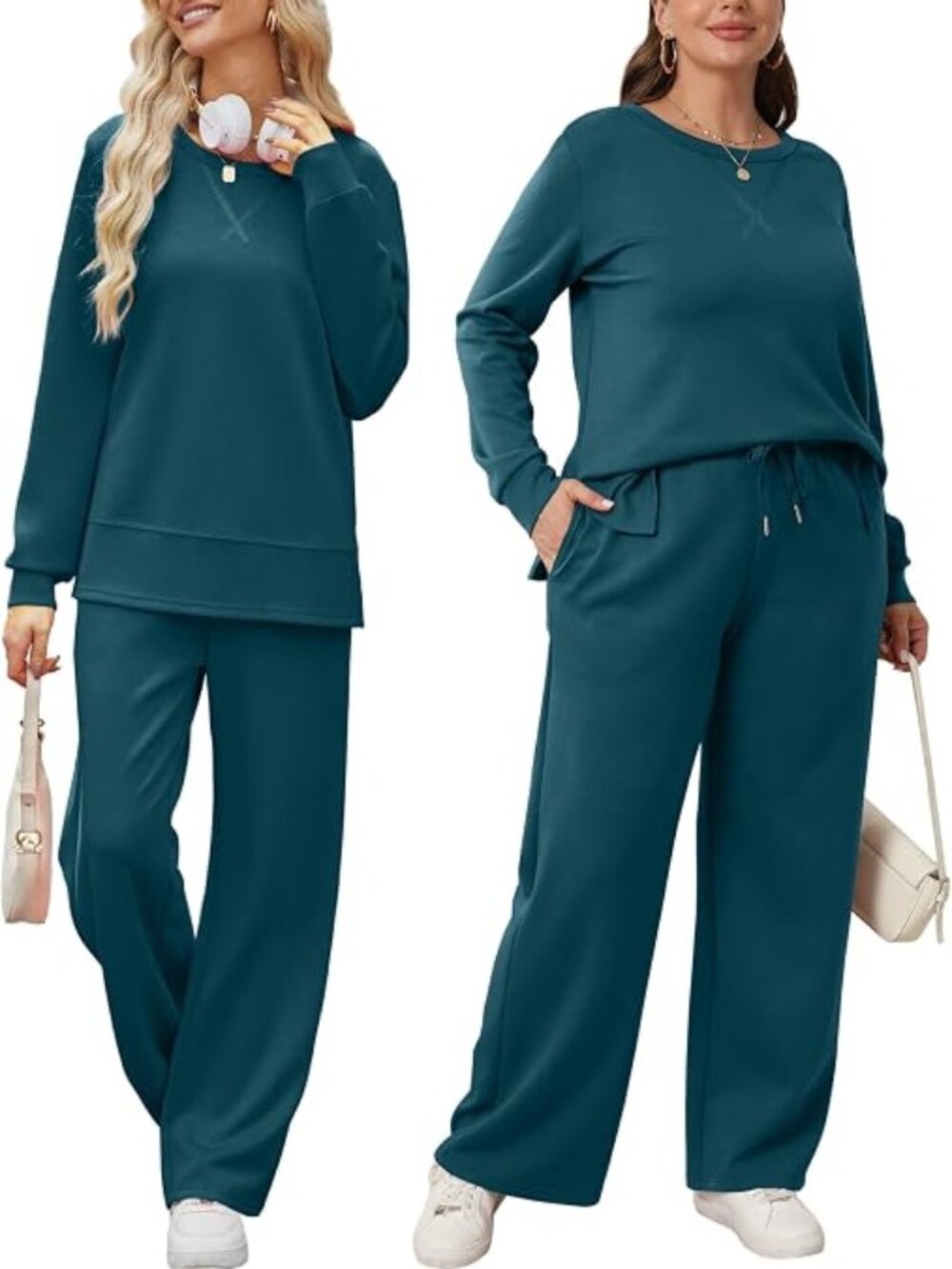 2 Piece Lounge Set Travel Airport Wide Leg Tracksuit, Teal, XL